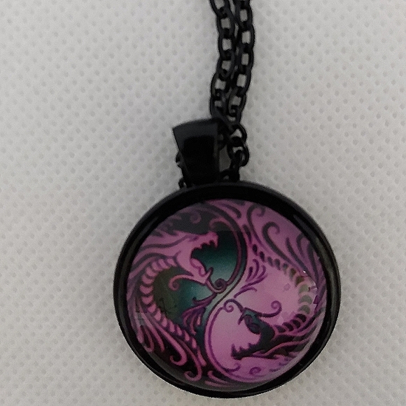 COPY - Handmade Black & Pink Dragon Yin Yang Necklace on a 24" Black Chain - Picture 1 of 4